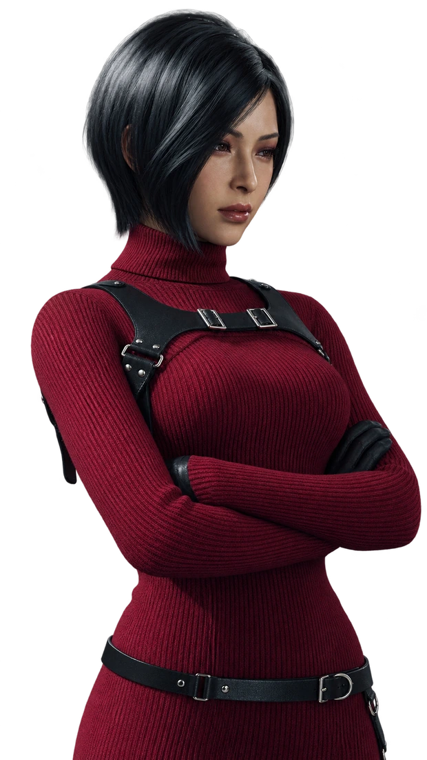 Ada Wong de braços cruzados, ao lado das etapas do serviço